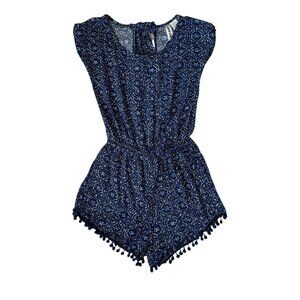 Mimi Chica women's romper with a blue geometric pattern and pom pom trim XS